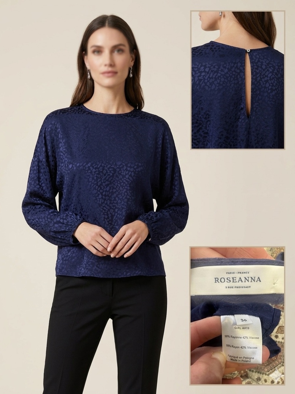 Roseanna Paris France Navy Blue Burnout Animal Print Long Sleeve Blouse Small